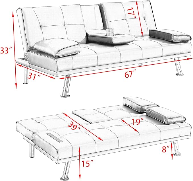 KEIKI 67" Leather Folding Futon Sofa w/Cup Holder & Adjustable Backrest, Mid Century Modern Couch Loveseat Convertible to Sleeper Bed, Comfy Cloud Couch SofaBed for Living Room & Bedroom, Orange