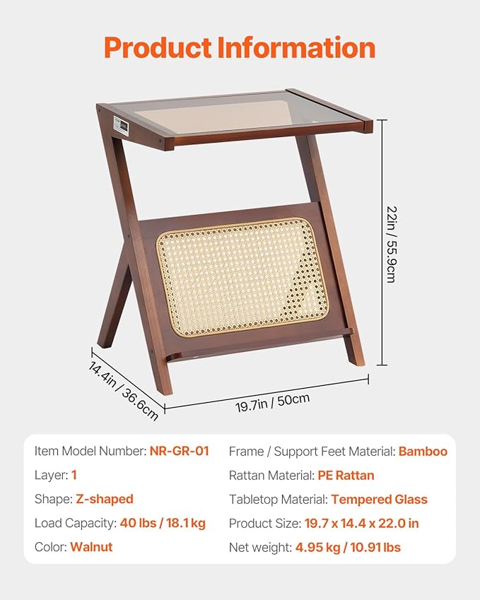 VEVOR Rattan Coffee Table, Z-Shaped Rattan Woven Bamboo Coffee Table with Tempered Glass Top, 20” Modern Boho Storage Table with Natural Bamboo Legs, for Living Room, Bedroom & Small Spaces