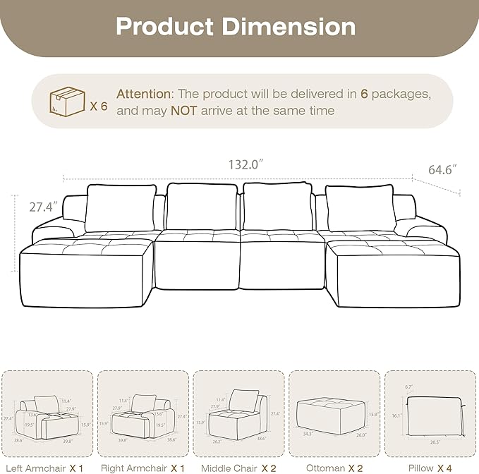 Modular Sectional Sofa, 6 Seat Modular Couch, Modular Sofa with Deep Seat and Detachable Pillow (Black, 6 Pieces-U Shape)