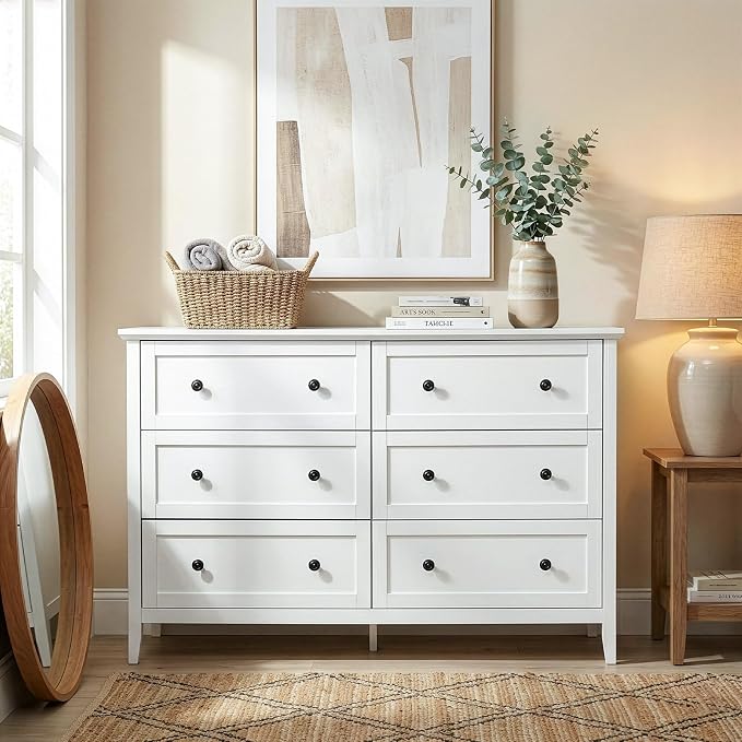 Karl home 6 Drawers Dresser for Bedroom, White Wood Dresser with Double Handle, Farmhouse Tall Chest of Drawers, Storage Organizer for Living Room, Closet, Hallway - Image 8