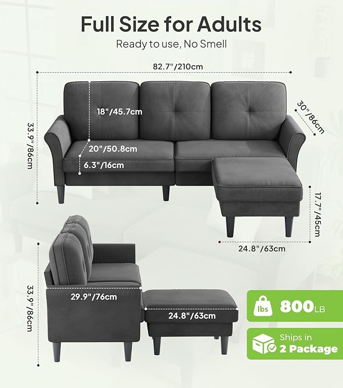 Sofas for Living Room, 83" Velvet Sectional Couch with Moveable Ottoman, Midcentury Modern Small Sectional Couch, L Shape Sofa & 2 Seater, Couches for Living Room, Apartment, Bedroom