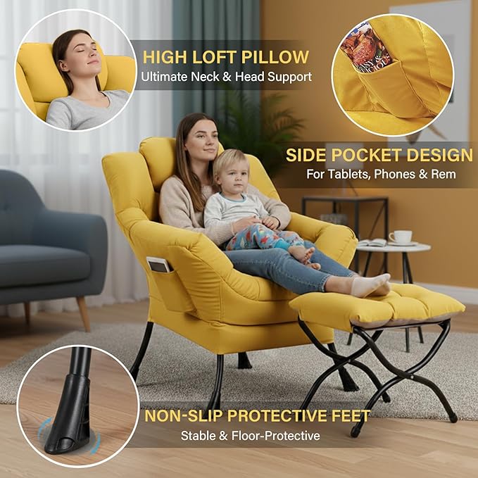 Lazy Chair with Ottoman, Large Accent Yellow Velvet Chair with Side Pocket, Modern Leisure Upholstered Sofa Reading Armchair with Footrest for Office, Bedroom, Living Room, Dorm Rooms, Balcony