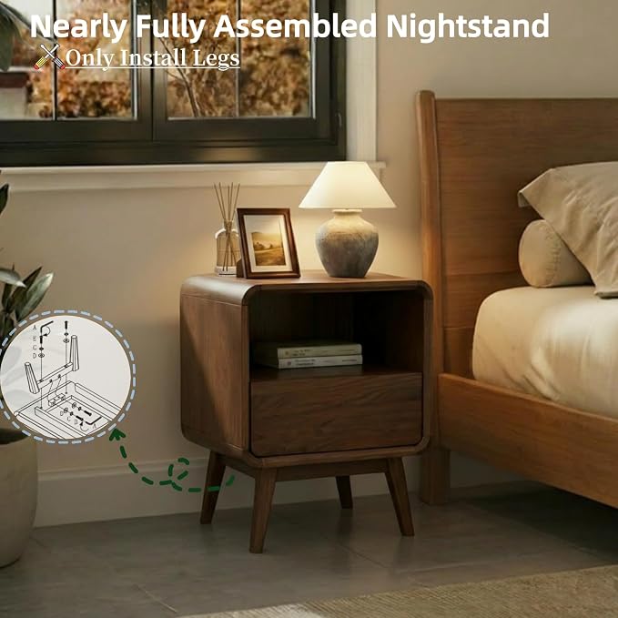 Walnut Night Stand Set of 2, Solid Wood Nightstand with Drawer, Walnut Bedside Table, Mid Century Modern Nightstand, Small Bed Side Table for Small Spaces Bedroom(Dark Black Walnut, 20.47" H) - Image 6