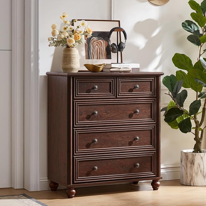 RWYHG Farmhouse 5 Drawer Dresser Set of 2 for Bedroom, 35.5" Walnut Tall Small Dressers & Chest of Drawers, Rustic Wood Dresser with Roman Column, Storage Organizer for Living Room, Hallway, Closet - Image 8