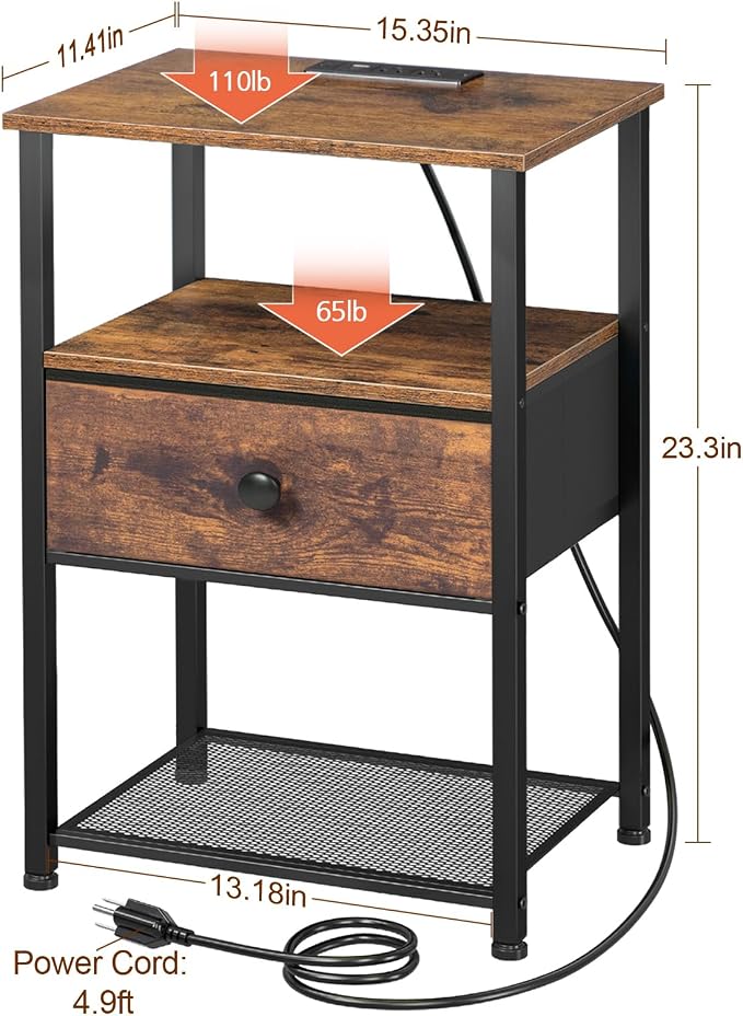 LOAKEKEL Night Stand Set 2, LED Nightstand with Charging Station, End Tables Living Room with Fabric Drawer for Small Spaces, Bed Side Tables with Storage Shelf for Bedroom, Brown, HETS01PBR - Image 3