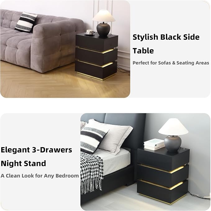 Black Nightstand, LED Bedside Table with 3 Storage Drawers, Modern End Table with Charging Ports & Outlets, Bedside Tables for Living Room/Bedroom - Image 5