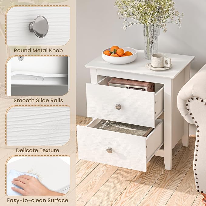 KOMFOTT 2 Drawers Nightstand Set of 2, Wooden Bedside Table, Modern Sofa Side End Table, Compact Side Table for Bedroom, White - Image 7
