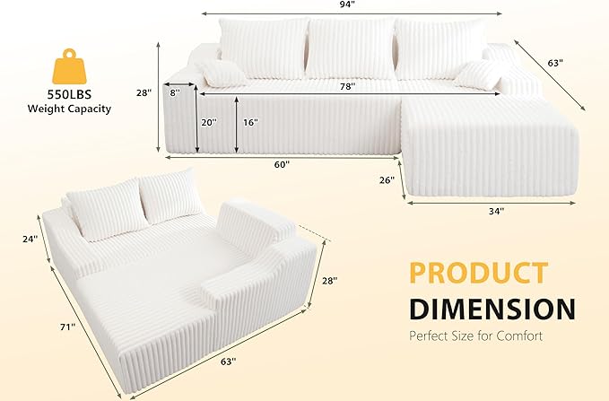 Homguava 94'' Cloud Sectional Couch, Modular L-Shape Couch with Chaise, Boneless Sofa with Deep Seat for Living Room Bedroom,No Assembly Required(Beige,Right Facing Chaise)