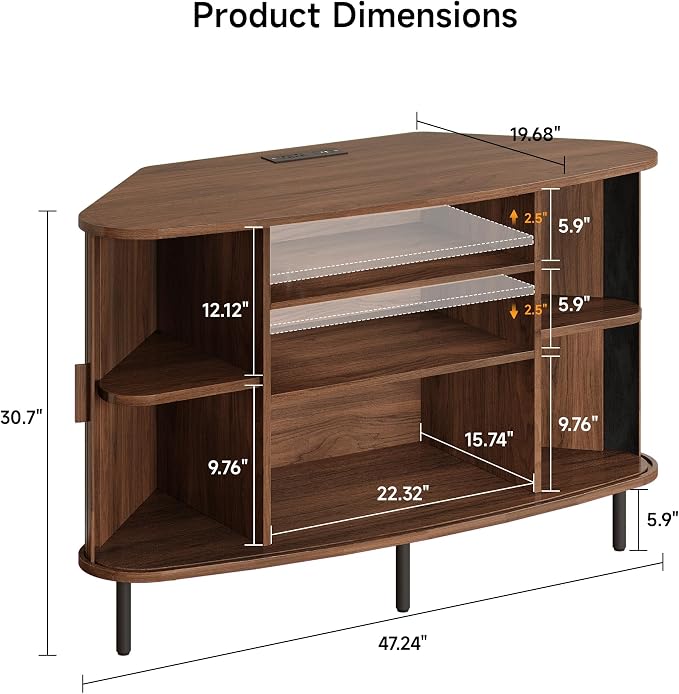 ONBRILL 47" Corner TV Stand, Fluted TV Cabinet with Sliding Doors Fits up to 55 Inch TVs, Modern Corner Entertainment Center with Power Outlet, Wood Media Console Table with Storage,Walnut - Image 2