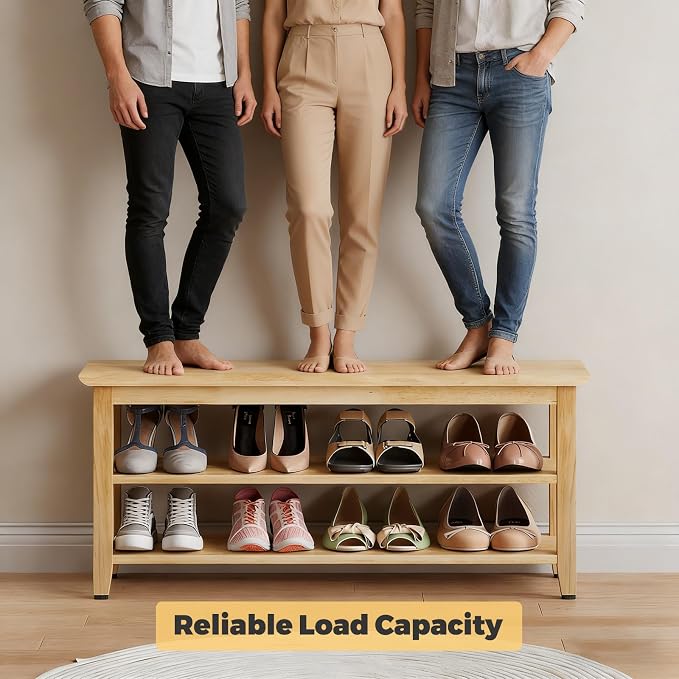 Wood Shoe Bench for Entryway,Bench with Shoe Rack,Storage Shoe Organizer for Hallway,Living Room,Bedroom (Natural, 39.37''W×11.81‘’D×17.71‘’H) - Image 5