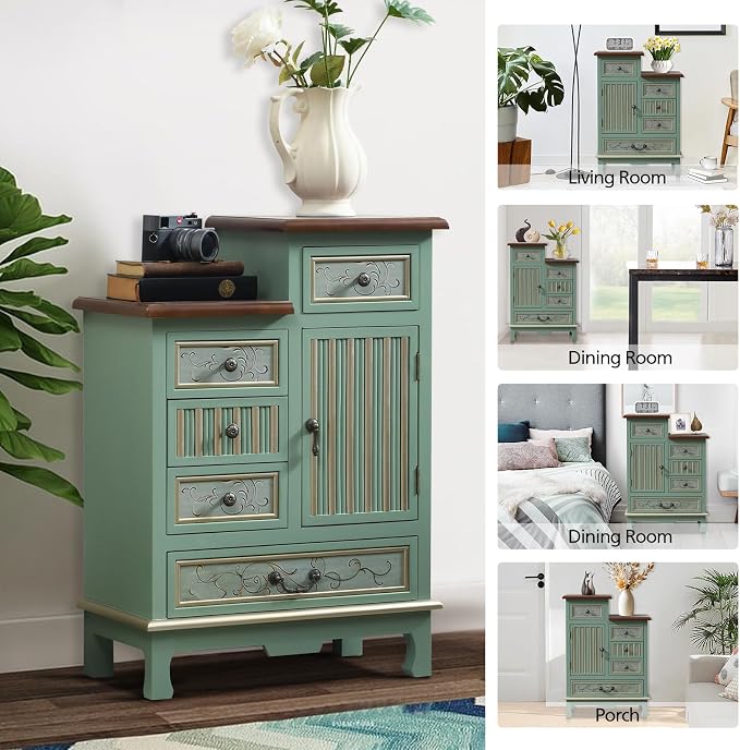 Ahokua Vintage Accent Chest with 5-Drawers and Door Carved Wood Storage Cabinet Modern Dresser for Living Room, Entryway, Hallway, Sage Green - Image 7