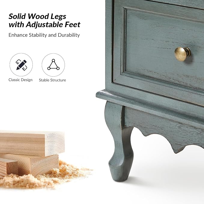 HULALA HOME 3-Drawer Nightstand with Charging Station, Farmhouse Solid Wood Nightstand Set of 2(Blue) - Image 5