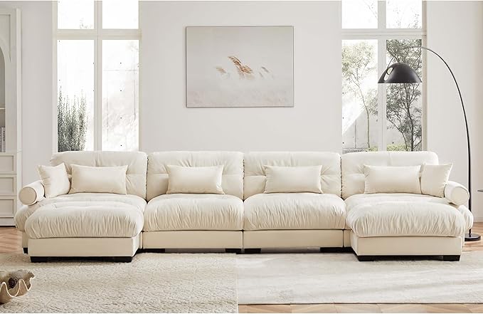 KEIKI 166" U-Shaped Oversized Velvet Modular Sectional Sofa with 2 Ottoman, High-Density Foam Cushions and Bolstered Armrests, Upholstered 4-Seater Cloud Couch with 6 Pillow, for Living Room, Cream