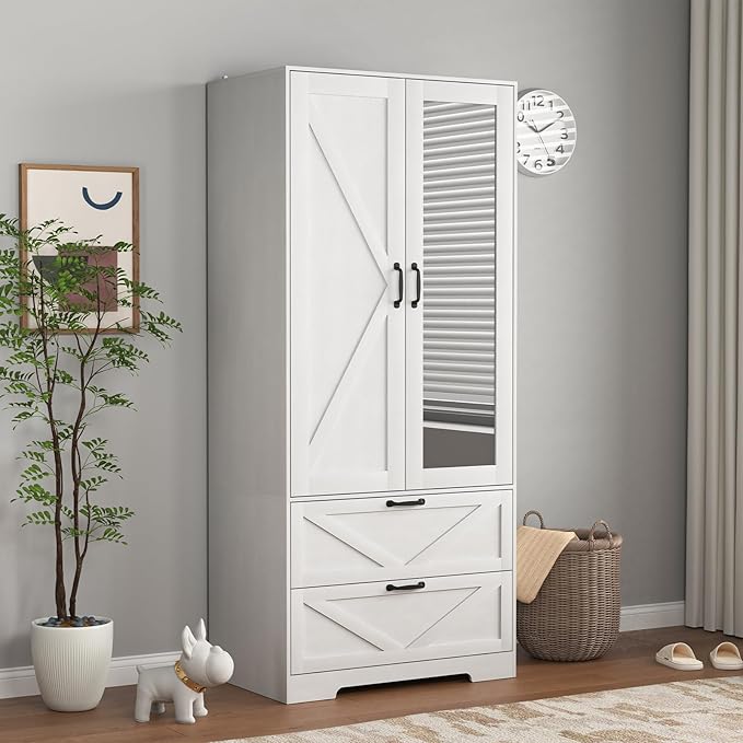 31.5" 2-Door Wardrobe with Mirror, Modern Closet with 2 Drawers, Geometric Design Storage Cabinet for Bedroom