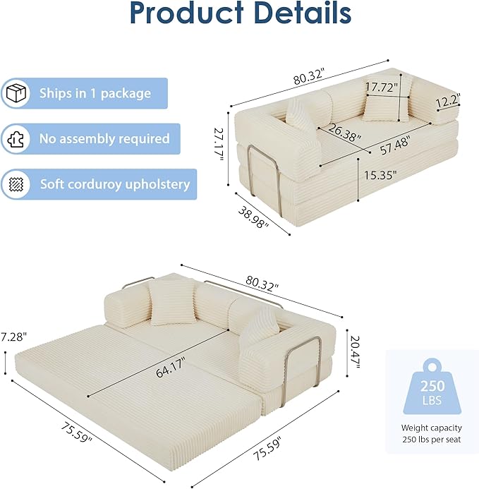 Eafurn 4-in-1 Convertible Folding Sofa Bed Boneless Loveseat Sofa in a Box - Foam Sleeper Couch with Fxied Frame, Modern Corduroy Upholstered Floor Couch & Fold Out Mattress | Breathable material, Fixed-shape Frame