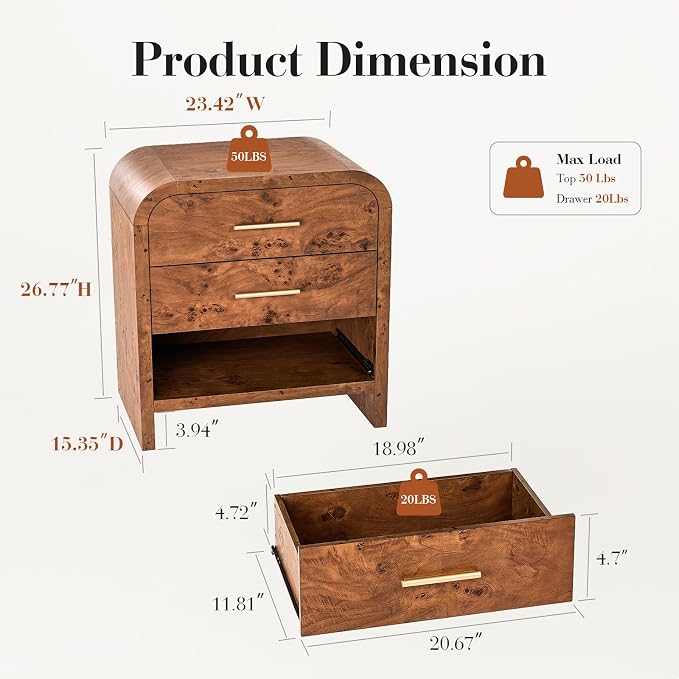 Farmhouse Nightstand, 23.5" Curved Modern Night Stand with 3-Drawer, Bedside Table, End Table for Bedroom, Storage Cabinet for Home Office Entryway, Dark Burl - Image 6