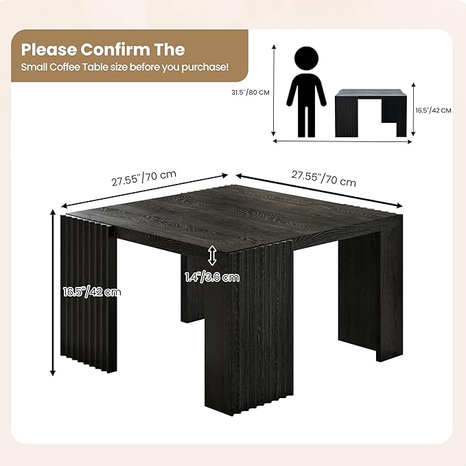 Luoxiao 27.5" Black Square Coffee Table Fluted Mid-Century Modern Living Room Table, Square Wooden Center Table with Quilted Footpads for Apartments, Small Homes, Easy Assembly