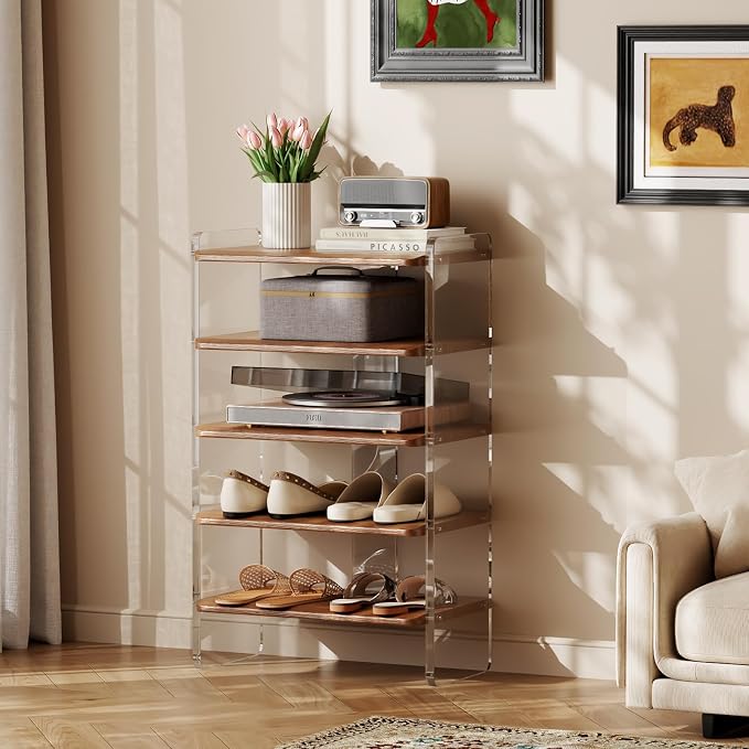 Shoe Rack for Entryway, Solid Wood and Acrylic Structure Shoe Stand, 5-Tier Modern Shoe Shelf, Ideal for Small Spaces, Living Room and Walk-in Closet - Image 6