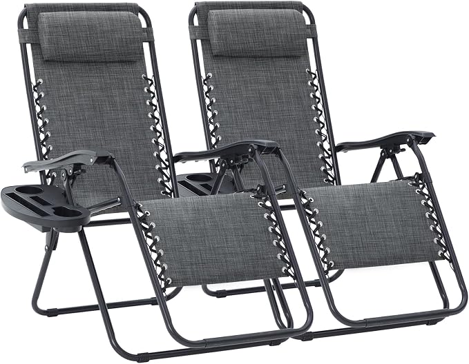 JEAREY Oversized Zero Gravity Lounge Chairs Set of 2, Adjustable Steel Mesh Recliners with Pillows and Cup Holder Trays for Patio, Garden, Beach, Dark Grey by JEAREYOutdoorsCollection