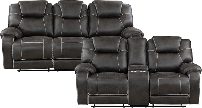 Lexicon 2 Piece Living Room Furniture Sets, Polished Microfiber Manual Reclining Sofa Set with Pillow Top Arm, Padded Headrest, Wall Hugger Manual Double Reclining Sofa & Loveseat, 2 Pieces, Chocolate
