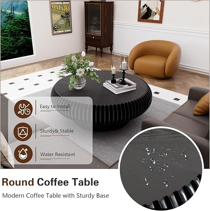 Round Drum Coffee Table Modern Unique Circle Drum Coffee Tables Mid Century Coffee Table with Sturdy Pedestal Fluted Tea Table for Living Room Office Small Space(Black 31.5in)