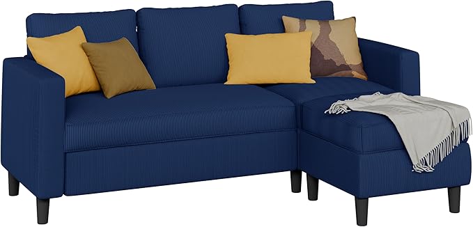 Shintenchi Small Sectional Sofa Couches,L Shape Convertible Sofa with Ottoman,3 Seat Comfy Corduroy Upholstered Sofa Couch,Small Couch for Apartment,Living Room and Office(Blue)