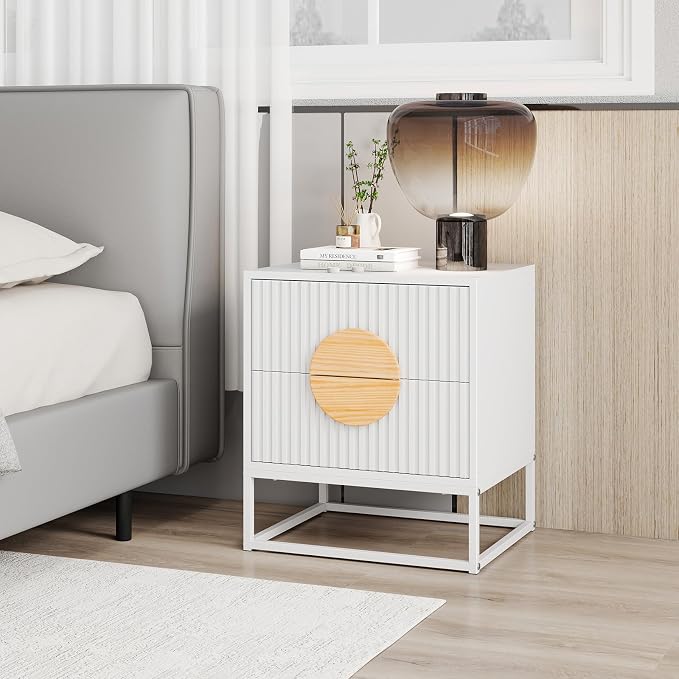 Giantex Fluted Nightstand with 2 Drawers Set of 2, White Wood Bedside Table with Natural Circle Handle & Metal Frame, Minimalist Accent End Table, Modern Mid Century Night Stand for Bedroom - Image 2