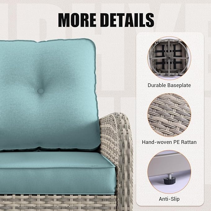 Patio Rocking Swivel Chair Outdoor Wicker Rattan Bistro Set with Tempered Glass Side Table, Outdoor Patio Furniture Set for Garden, Deck, and Balcony, Light Blue