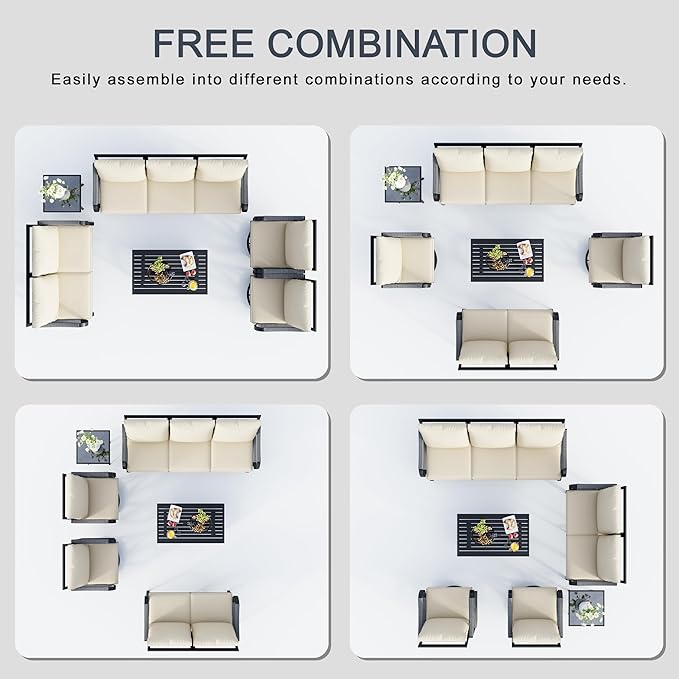 6 Pieces Outdoor Patio Conversation Sets, Outdoor Furniture Set Metal Swivel Rocking Chairs with Side Table, Loveseat Sofa with Coffee Table, 3-Seater Couch for Backyard Deck Porch Poolside, Beige