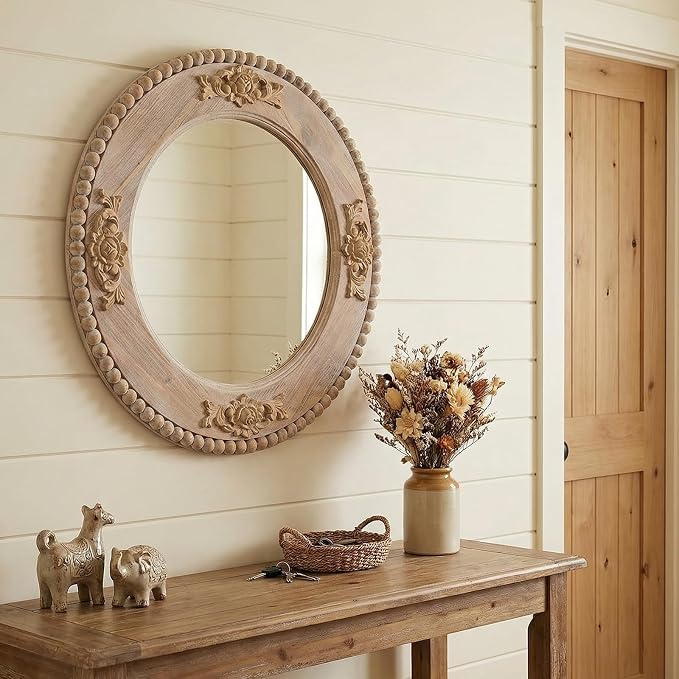 sawsile Round Wood Mirror,24 inch Circle Rustic Farmhouse Natural Wooden Frame Boho Beads Wall Mirror for Bathroom,Living Room,Bedroom or Entryway - Image 6