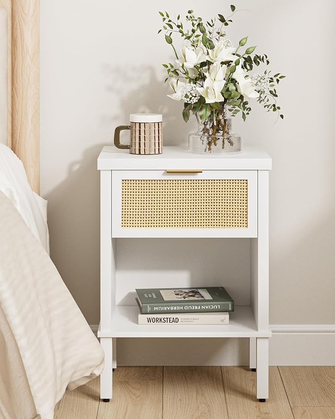 Rattan Nightstand with Drawer and Open Shelf, Boho Side Table with Gold Handle, Small Night Stand, Modern Bedside Table for Bedroom, White - Image 5