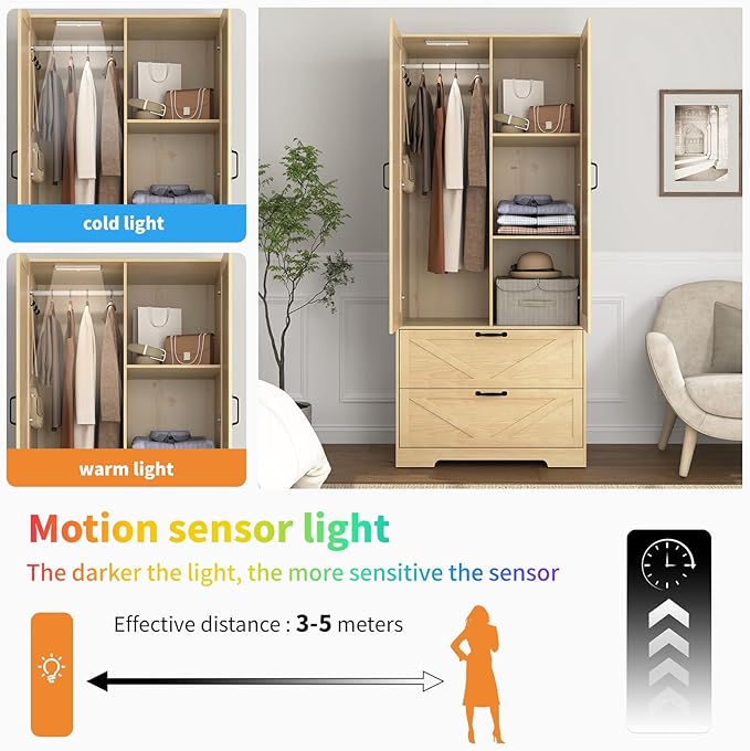31.5" Natural Wood Finish 2-Door Wardrobe with Mirror, Modern Closet with 2 Drawers, Geometric Design Storage Cabinet for Bedroom