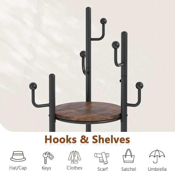Hoctieon Coat Rack Freestanding, Round Coat Rack with 3 Wooden Shelves and 1 Fabric Basket, Metal Clothes Tree with 5 Hooks, Coat Hanger Stand for Clothes, Hats, Bags, Brown and Black - Image 2