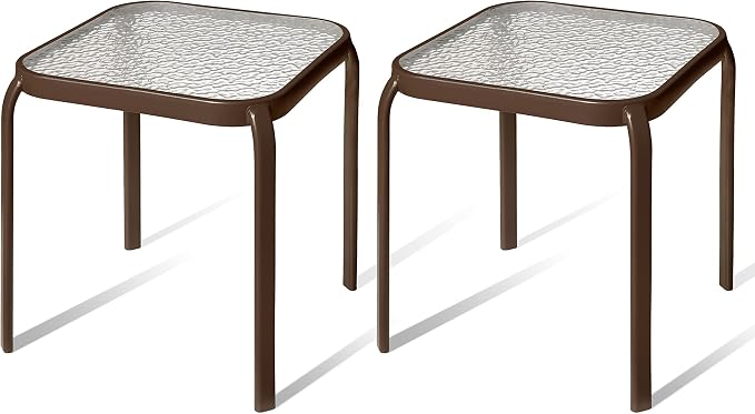 Bronze Metal Outdoor Side Table with Tempered Glass Top Set of 2 – Elegant Small 16" Square Patio Table – Durable Weather-Resistant Coffee Bistro Accent End Table for Outside and Garden by PROLISOK