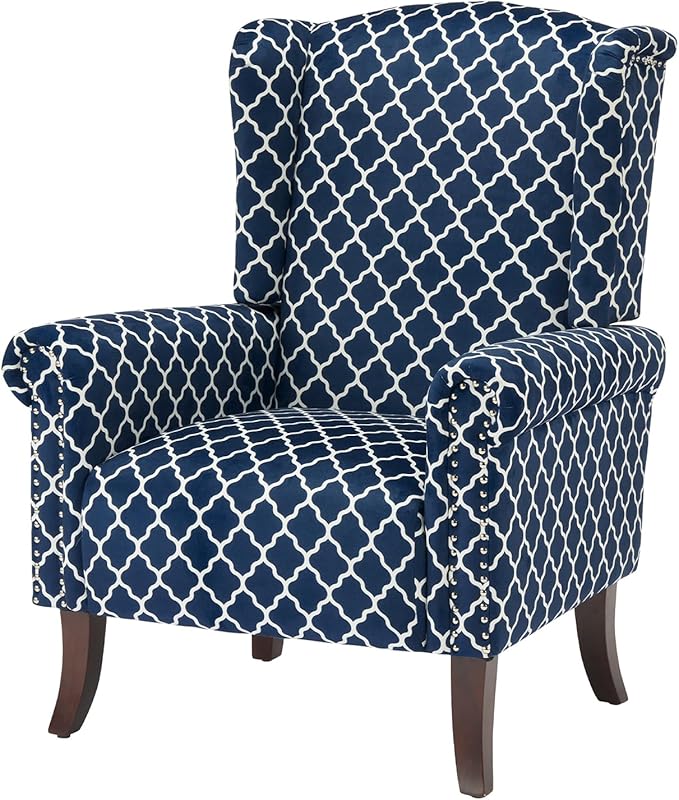 Modern Plaid Accent Chair, Mid-Century Upholstered Wingback Armchair Club Sofa Chair with Wooden Legs, Living Room Chair for Bedroom, Balcony, Lounge (Blue Check)