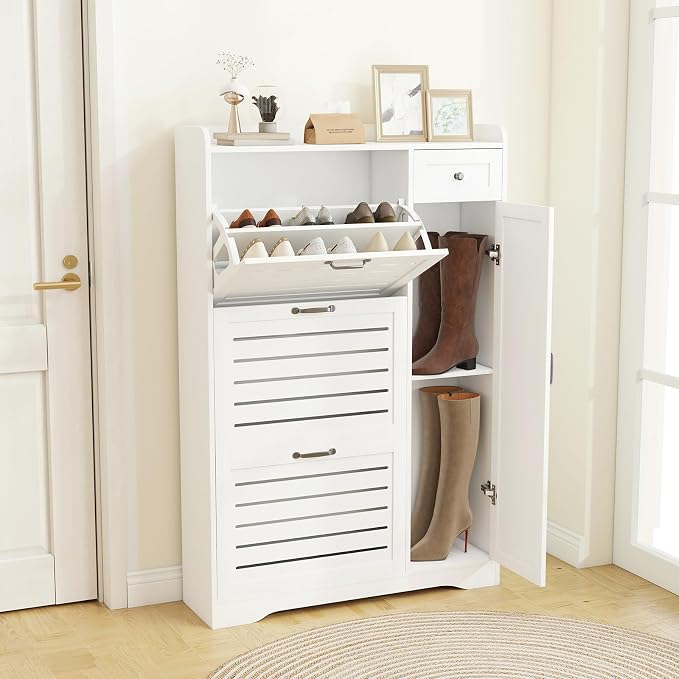 Narrow Shoe Storage Cabinet with 3 Flip Drawers, Doors & Adjustable Shelves, Slim Shoe Rack Cabinet for Entryway Closet, Deodorizing Wooden Boot Storage Organizer Freestanding Hidden, White by GlouModFurniture