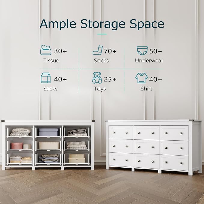 Dresser for Bedroom with 9 Drawers, Farmhouse Wood Chest of Drawers, Wide TV Stand Closet Storage Furniture with Metal Handle, Modern Clothes Organizer for Hallway, Living Room, Entryway, White - Image 4
