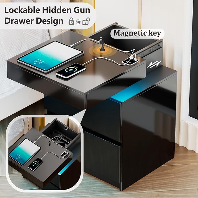 LED Nightstand - Bedside Table with Charging Station and 2 Shiny Surface Drawers Sliding Top with Magnetic Lock - Modern Night Stand for Bedroom & Living Room - Black - Image 3