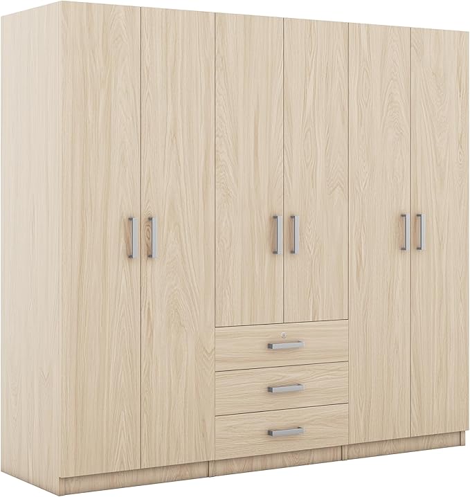 Merax 6 Doors Wardrobe Clothes Organizer, Wooden Armoire Wardrobe Closet with Three Big Drawers with Locker, Hanging Rail and Shelves for Home Room, Bedroom, Natural