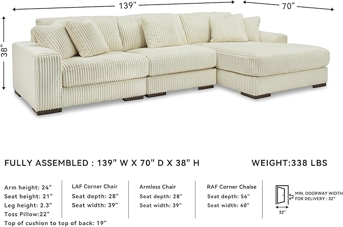 Signature Design by Ashley Lindyn Coastal Right-Arm Facing 3-Piece Sectional with Chaise, Reversible Cushions and 5 Throw Pillows, White