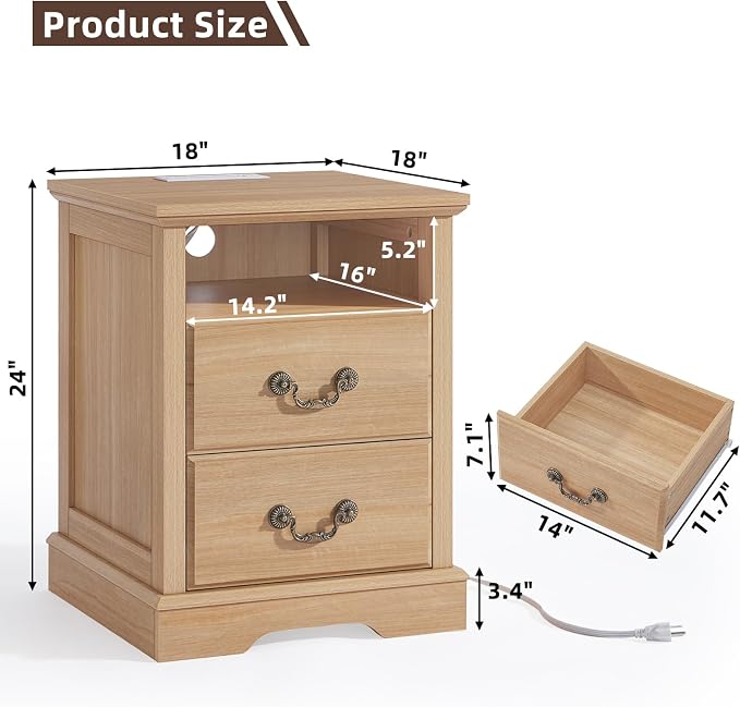 Farmhouse Nightstands Set of 2 with Charger Station, 2 Drawers Night Stand with Storage Shelf, Natural Wood 18" Wide Bedside Table, Rustic Bed Side End Tables for Bedroom, Living Room - Image 3