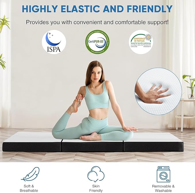 OLIXIS Tri-fold Memory Foam Mattress - 3 Inch Queen Size Portable Floor Bed, Foldable Mat for Adults, Collapsible and Washable Cover with CertiPUR-US Certified, for Travel & Camping & Yoga