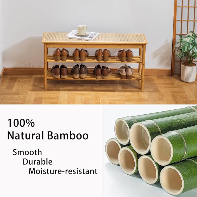 latifolia Shoe Rack Bench, 3-Tier Bamboo Shoe Bench with Breathable Rattan Seat Cushion, Shoe Storage Rack for Entryway(Nautre,39.70''L) - Image 4