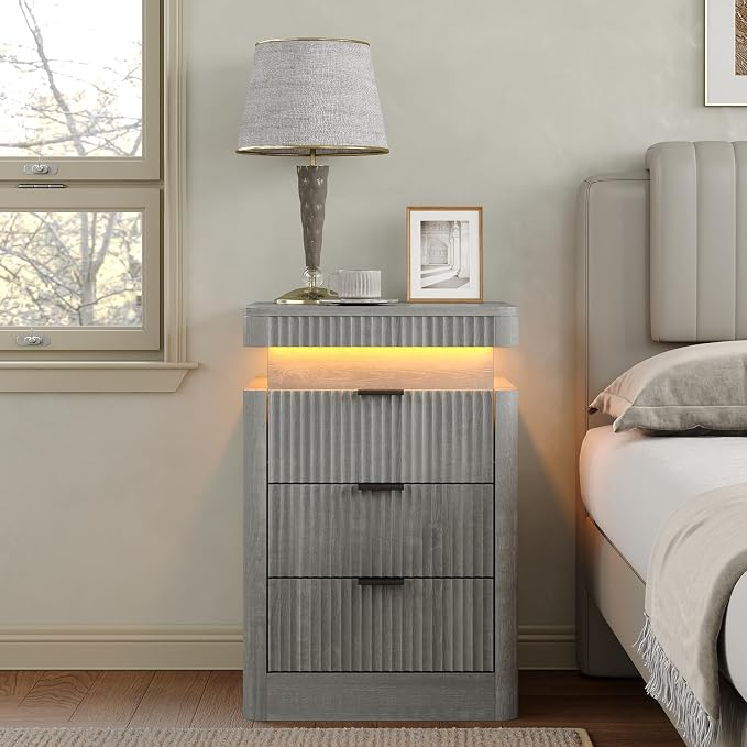 Yanosaku Night Stand Set of 2 with Charging Station, 3-Drawer Fluted LED Bedside Tables with Sliding Top & USB Outlets, Modern End Tables for Small Bedroom Living Room, Light Grey - Image 9