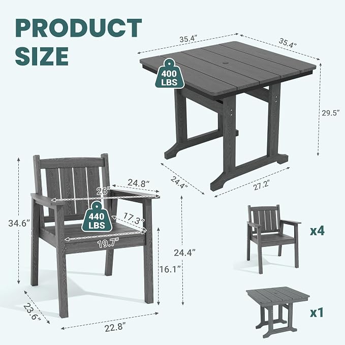 Pamapic 5 PCS Outdoor Dining Set, Spacious HDPE Outdoor Table and Chairs, Wood Grain Patio Furniture Sets with Elegant Armrest, All-Weather Patio Dining Table with Umbrella Hole, Gray - Image 3