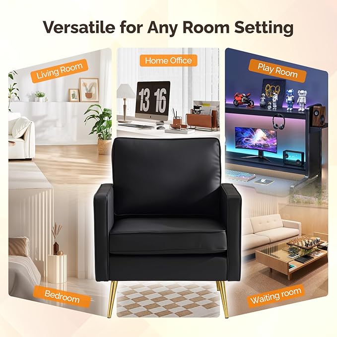 VINGLI Modern PU Leather Accent Chair, Single Sofa Chair with Pocket Coil Seat, Metal Backrest & Solid Wood Frame, Upholstered Armchair for Living Room, Bedroom or Office