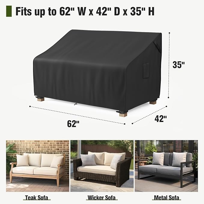 MR.COVER 2-Seater Patio Loveseat Cover, Patio Furniture Covers Waterproof, Heavy Duty Outdoor Couch Sofa Covers with Air Vent and Handles, No Fading and No Tears, Fits up to 62"W x 42"D x 35"H, Black - Image 2