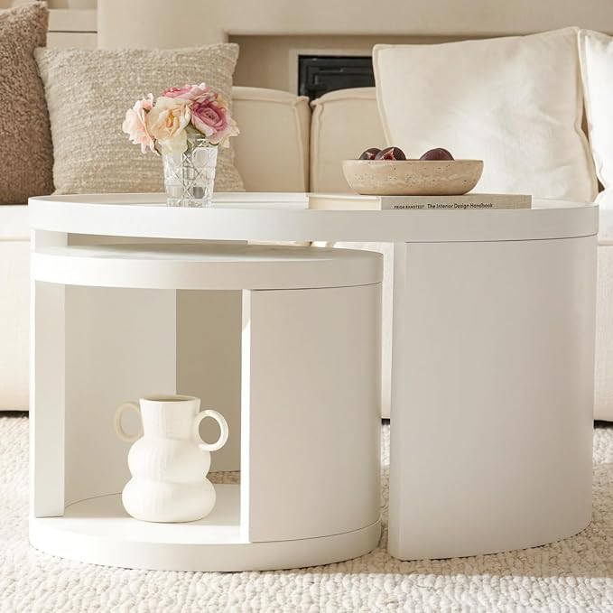 Round Nesting Coffee Table Set of 2, White Coffee Table, 31.5" Large & 18" Small Low Tables with Wood Top, Center Table for Living Room, Bedroom, Minimalist Center Table Set