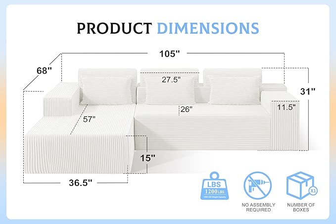 Homguava Modular Sectional Couches for Living Room,105" Cloud Couch with L-Shape Chaise,Comfy Sofa Living Room Sofas with Deep Seat,No Assembly L Couch,Corduroy Fabric(Beige,L)