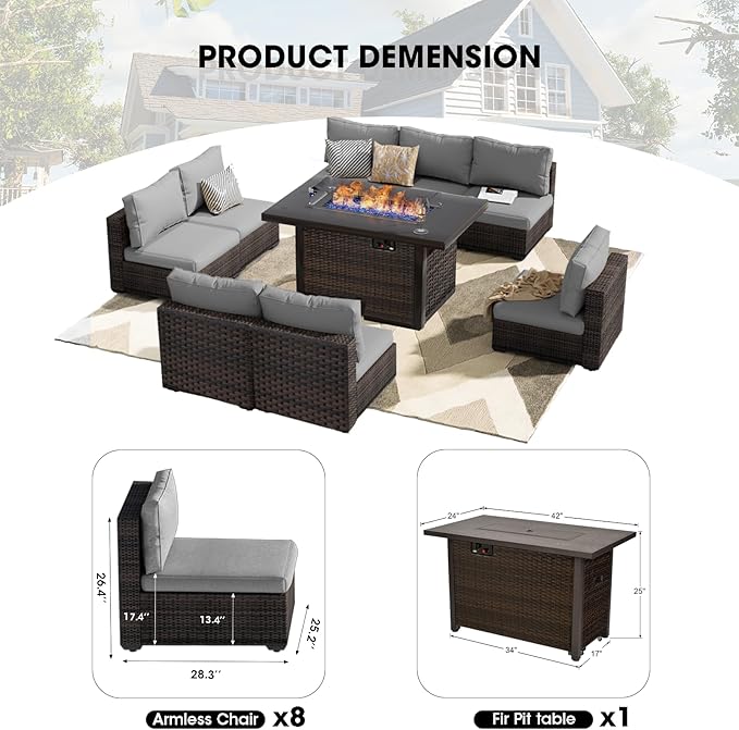 Patio Furniture Set Fire Pit Table 9 Piece All Weather PE Rattan Outdoor Sectional Sofa Couch with 8 x armless Sofa, No-Slip Cushions for Garden, Poolside, Backyard (Gray)